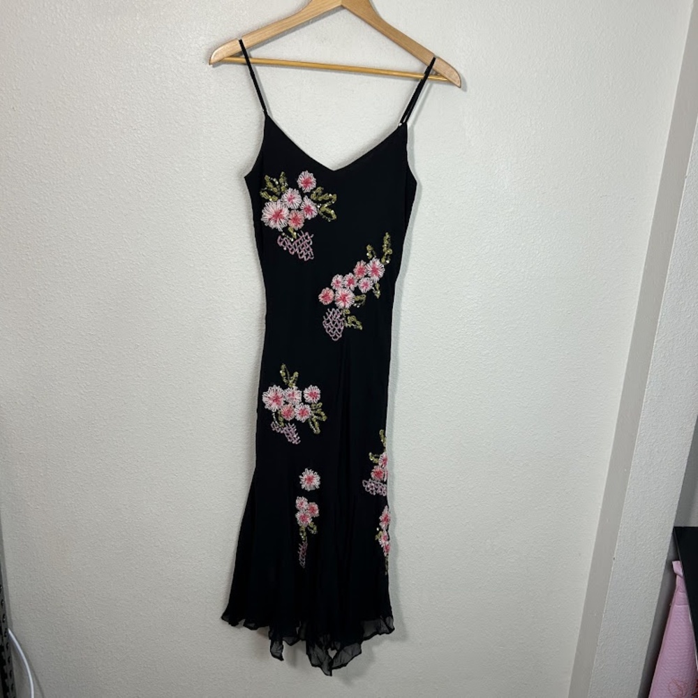 VTG Sue Wong Dress Womens 12 Black Silk Midi Floral Sequin Slip V Neck Nocturnel
